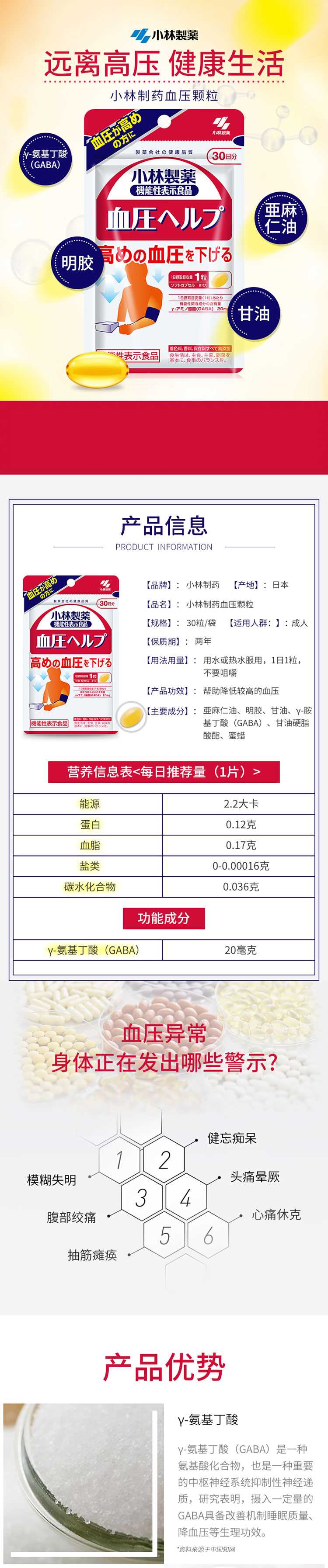 【日本直邮】KOBAYASHI小林制药 缓解调节血压血脂降血压 30粒